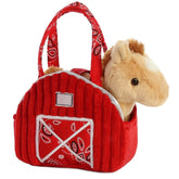 Red Barn Horse plush from Fancy Pals by Aurora, in a red barn-shaped carrier with corduroy texture